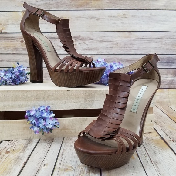 Pura Lopez Shoes - PURA Lopez 40 Brown Ruffle T Strap Wooden Heels